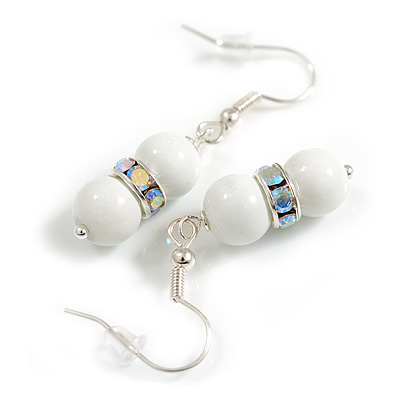 Small White Glass Bead with AB Crystal Ring Drop Earrings in Silver Tone - 40mm Long