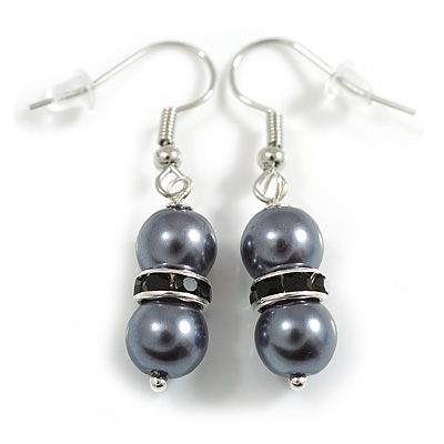 Small Dark Grey Glass Bead with Black Crystal Ring Drop Earrings in Silver Tone - 40mm Long