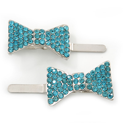 Pair Of Light Blue Pave Set Swarovski Crystal 'Bow' Magnetic Hair Slides In Rhodium Plating - 40mm Length - main view
