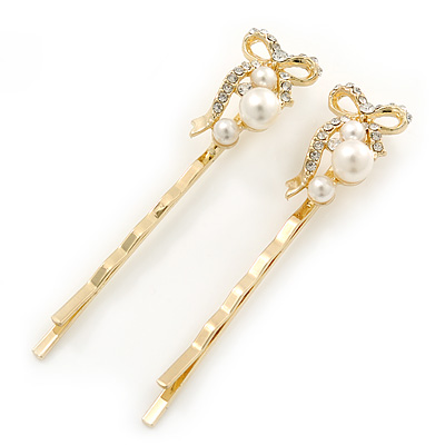 Pair Of Clear Crystal, Simulated Pearl Bow Hair Slides In Gold Plating - 55mm Length