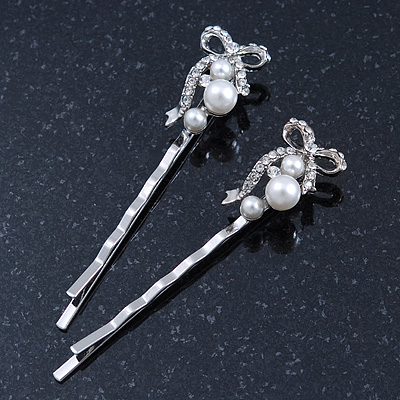 Pair Of Clear Crystal, Simulated Pearl Bow Hair Slides In Rhodium Plating - 55mm Length - main view
