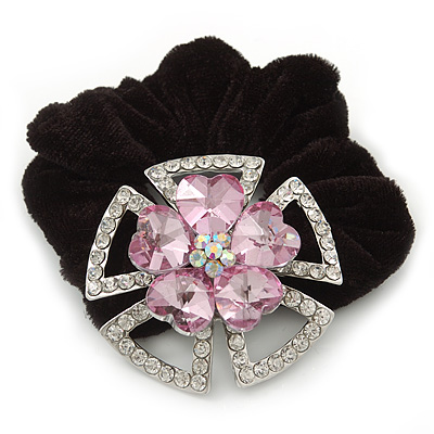 Large Layered Rhodium Plated Swarovski Crystal 'Flower' Pony Tail Black Hair Scrunchie - Light Pink/ Clear/ AB
