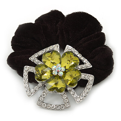 Large Layered Rhodium Plated Swarovski Crystal 'Flower' Pony Tail Black Hair Scrunchie - Olive Green/ Clear/ AB - main view