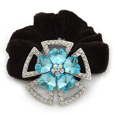 Large Layered Rhodium Plated Swarovski Crystal 'Flower' Pony Tail Black Hair Scrunchie - Light Blue/ Clear/ AB - main view