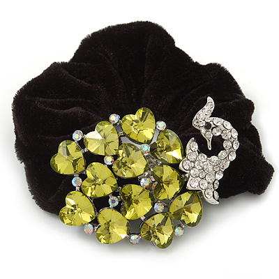 Large Rhodium Plated Crystal Peacock Pony Tail Black Hair Scrunchie - Olive/Light Green