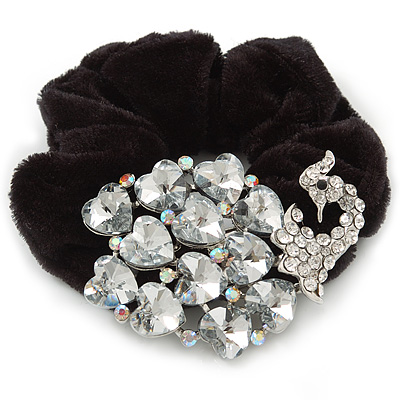 Large Rhodium Plated Crystal Peacock Pony Tail Black Hair Scrunchie - Clear