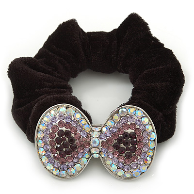 Large Rhodium Plated Crystal Bow Pony Tail Black Hair Scrunchie - Lilac/Clear