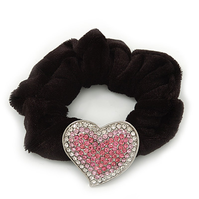 Rhodium Plated Swarovski Crystal Classic 'Heart' Pony Tail Black Hair Scrunchie - Clear/ Pink - main view