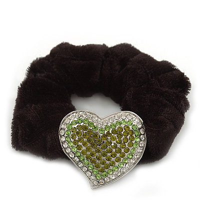 Rhodium Plated Swarovski Crystal Classic 'Heart' Pony Tail Black Hair Scrunchie - Clear/ Green/ Olive