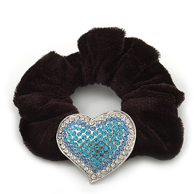 Rhodium Plated Swarovski Crystal Classic 'Heart' Pony Tail Black Hair Scrunchie - Clear/ Azure/ Light Blue