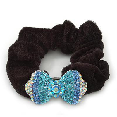 Rhodium Plated Swarovski Crystal 'Bow' Pony Tail Black Hair Scrunchie - Azure/ Blue/ AB