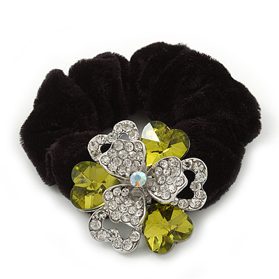 Large Layered Rhodium Plated Crystal Flower Pony Tail Black Hair Scrunchie - Olive Green/ Clear/ AB - main view