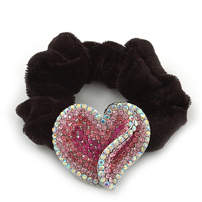 Rhodium Plated Swarovski Crystal Crinkle'Heart' Pony Tail Black Hair Scrunchie - AB/ Pink - main view