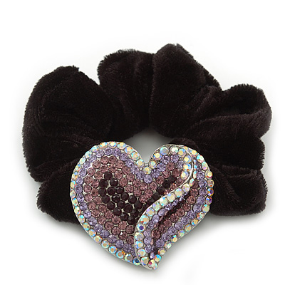 Rhodium Plated Swarovski Crystal Crinkle 'Heart' Pony Tail Black Hair Scrunchie - AB/ Purple/ Amethyst - main view