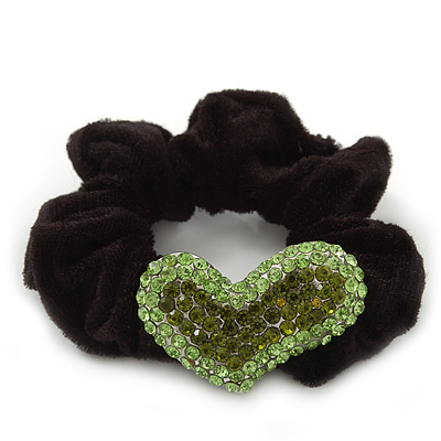Rhodium Plated Swarovski Crystal 'Asymmetrical Heart' Pony Tail Black Hair Scrunchie - Olive/ Grass Green - main view