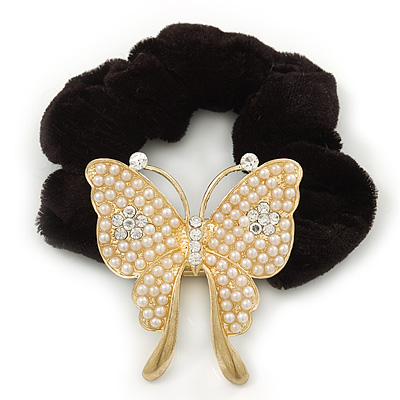 Large Gold Plated Simulated Pearl 'Butterfly' Pony Tail Black Hair Scrunchie - White/ Clear - main view