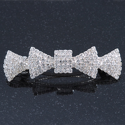 Bridal Wedding Prom Silver Tone Pave-set Diamante 'Bow' Barrette Hair Clip Grip - 85mm Across