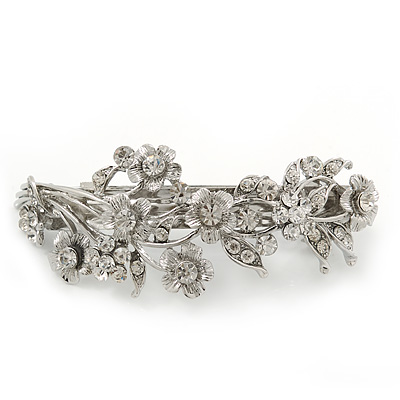 Bridal Wedding Prom Silver Tone Diamante 'Intertwined Flowers' Barrette Hair Clip Grip - 85mm Across