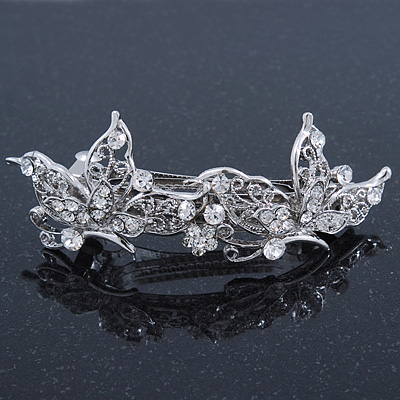 Bridal Wedding Prom Silver Tone Diamante 'Butterfly' Barrette Hair Clip Grip - 90mm Across