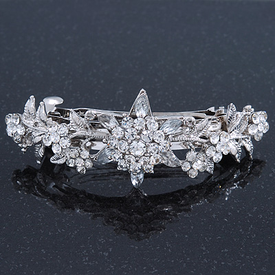 Bridal Wedding Prom Silver Tone Diamante 'Daisy Flower' Barrette Hair Clip Grip - 85mm Across