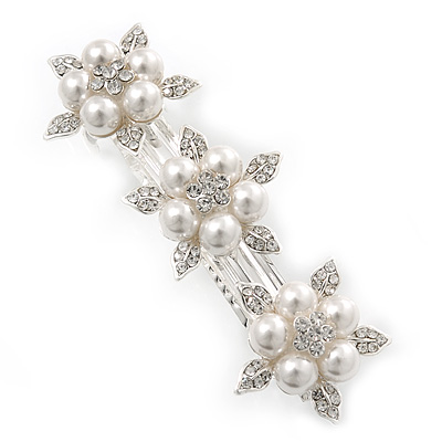 Bridal Wedding Prom Silver Tone Simulated Pearl Diamante 'Triple Flower' Barrette Hair Clip Grip - 80mm Across
