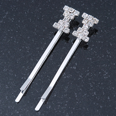 2 Rhodium Plated Clear Crystal 'Bow' Hair Grips/ Slides - 55mm Across