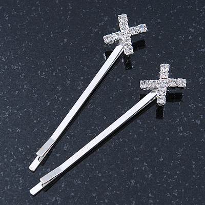 2 Rhodium Plated Clear Crystal 'Cross' Hair Grips/ Slides - 55mm Across