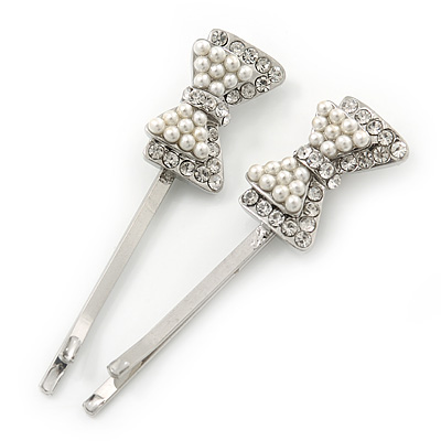 2 Bridal/ Prom Simulated Pearl Crystal 'Bow' Hair Grips/ Slides In Rhodium Plating - 50mm Across - main view