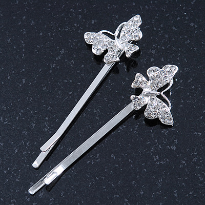 2 Rhodium Plated Clear Crystal Butterfly Hair Grips/ Slides - 55mm Across