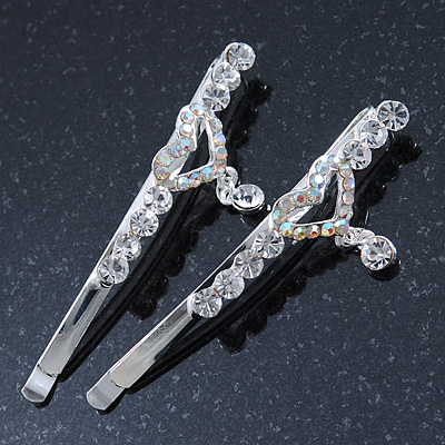 2 Bridal/ Prom Crystal 'Heart' Hair Grips/ Slides In Rhodium Plating - 60mm Across