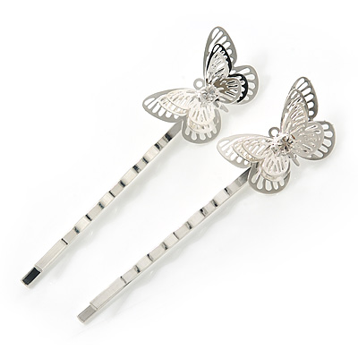 2 Rhodium Plated Diamante Filigree Butterfly Hair Grips/ Slides - 55mm Across