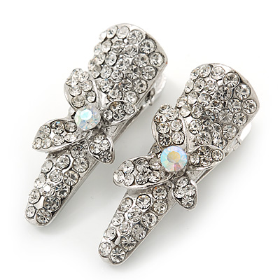 2 Small Rhodium Plated Clear & AB Crystal Butterfly Hair Beak Clips/ Concord Clips - 35mm Length