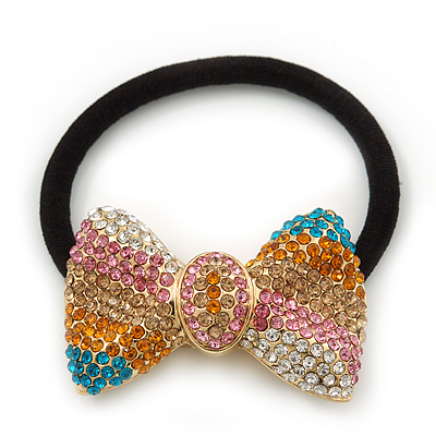 Medium Gold Plated Clear/Pink/Orange/Teal Crystal Bow Pony Tail Hair Elastic/Bobble