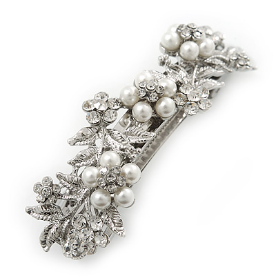 Bridal Wedding Prom Silver Tone Simulated Pearl Diamante Floral Barrette Hair Clip Grip - 80mm Across