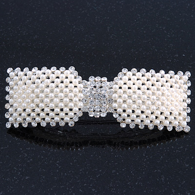Bridal Wedding Prom Silver Tone Crystal Simulated Pearl 'Bow' Barrette Hair Clip Grip - 90mm Across