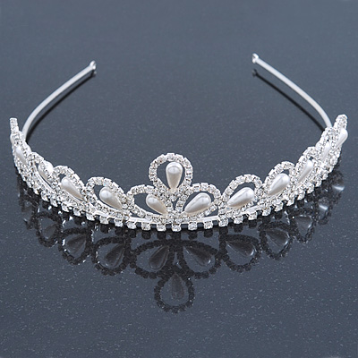 Bridal/ Wedding/ Prom Rhodium Plated Faux Pearl, Crystal Classic Tiara