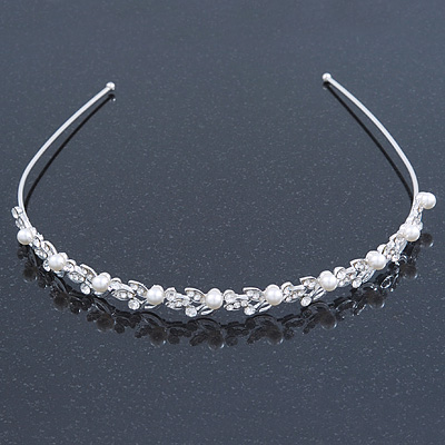 Bridal/ Wedding/ Prom Rhodium Plated Simulated Pearls, Crystal Leaves Tiara Headband