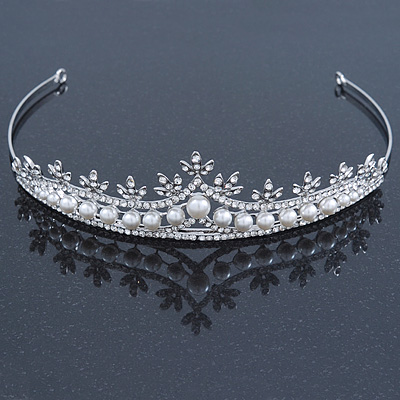 Bridal/ Wedding/ Prom Rhodium Plated Clear Crystal, White Simulated Glass Pearl Tiara Headband