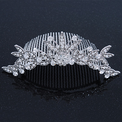Bridal/ Wedding/ Prom/ Party Rhodium Plated Swarovski Crystal Flower & Leaf Hair Comb/ Tiara - 13cm