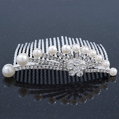 Bridal/ Wedding/ Prom/ Party Rhodium Plated Austrian Crystal Flower & Simulated Pearl Hair Comb/ Tiara - 9cm - main view