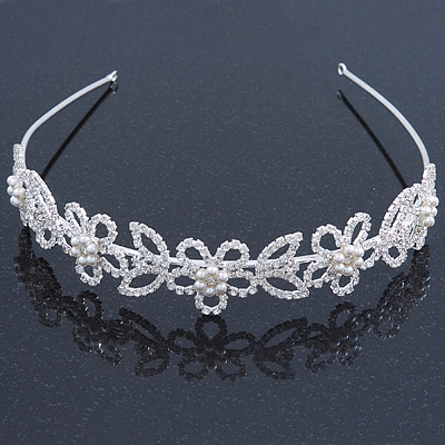 Bridal/ Wedding/ Prom Rhodium Plated Faux Pearl, Crystal Flowers & Leaves Tiara Headband - main view