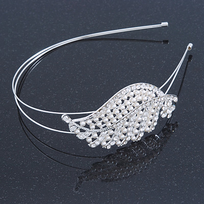 Bridal/ Wedding/ Prom Rhodium Plated White Faux Pearl, Crystal Leaf Tiara Headband