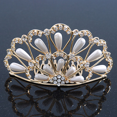 Bridal/ Wedding/ Prom/ Party Gold Plated Swarovski Crystal, Simulated Pearl Hair Comb/ Tiara - 9.5cm