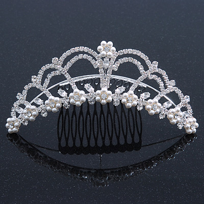 Bridal/ Wedding/ Prom/ Party Rhodium Plated Swarovski Simulated Pearl, Crystal Hair Comb/ Tiara - 13.5cm
