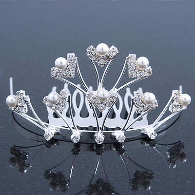Bridal/ Wedding/ Prom/ Party Rhodium Plated White Simulated Pearl Bead and Swarovski Crystal Mini Hair Comb Tiara - 75mm - main view