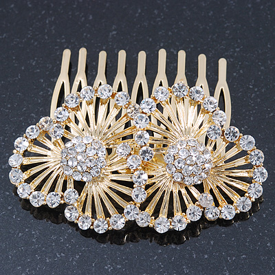 Bridal/ Wedding/ Prom/ Party Gold Plated Clear Swarovski Sculptured Double Flower Crystal Hair Comb - 65mm - main view