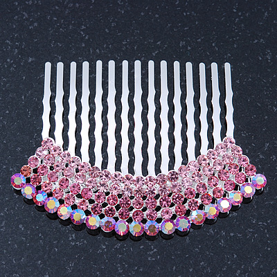 Rhodium Plated Pink/AB Gradient Swarovski Crystal Hair Comb - 60mm