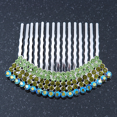 Rhodium Plated Green/AB Gradient Swarovski Crystal Hair Comb - 60mm