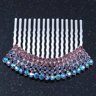 Rhodium Plated Purple/AB Gradient Swarovski Crystal Hair Comb - 60mm - main view