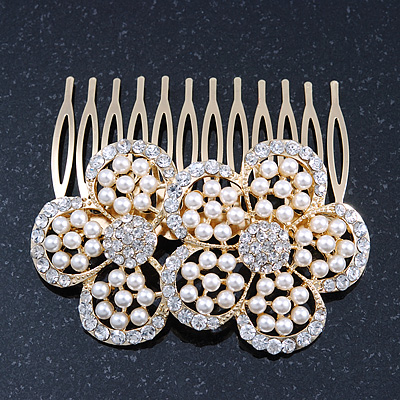 Bridal/ Wedding/ Prom/ Party Gold Plated Clear Austrian Sculptured Double Flower Crystal/Simulated Pearl Hair Comb - 75mm